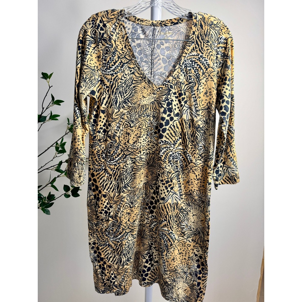 Lilly Pulitzer Hear Me Roar Animal Print Cotton V-Neck Dress Tan Black Medium - Picture 2 of 7